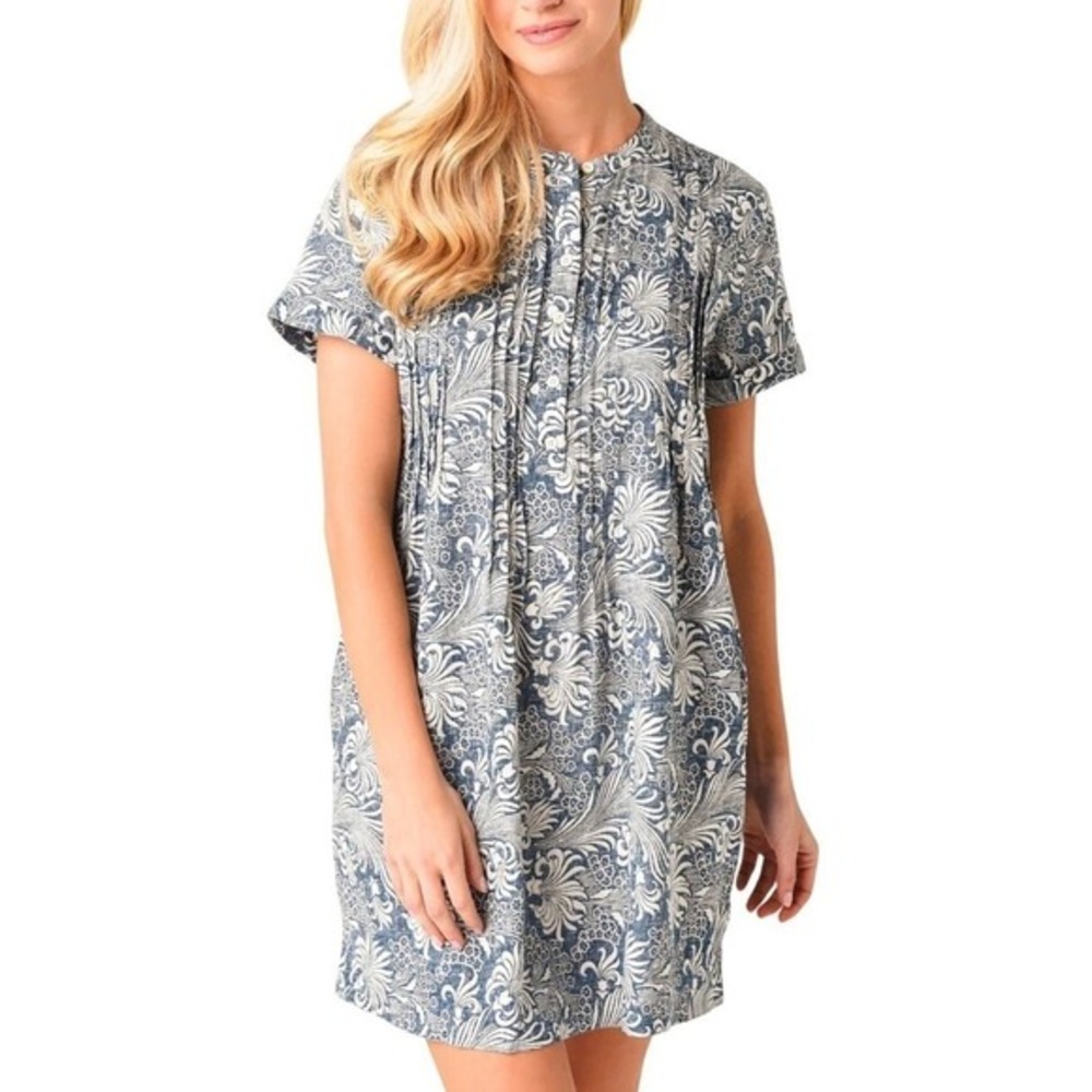 Faherty‎ Gemina Dress Size Small Blue White Printed Linen Blend Beachy Coastal